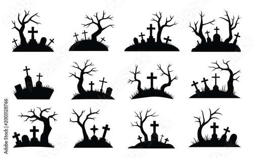 Dark silhouette cemetery collection showcasing twelve hauntingly detailed graveyard scenes with twisted bare trees scattered tombstones and eerie cross symbols against a stark