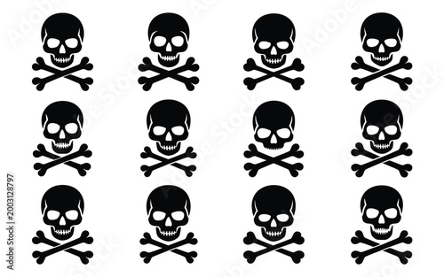 Bold black silhouette skulls with crossed bones arranged in three rows of five for striking danger warning graphic design and edgy vector illustration