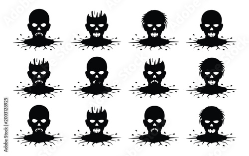 Dark collection of twelve distinct zombie skull silhouettes emerging from cracked textured ground with intense horror expression