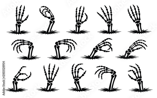 Detailed vector silhouette collection of human skeletal hands in dynamic poses with intricate bone structures against a neutral background for medical artistic or educational