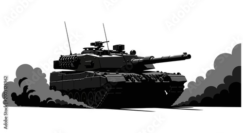 Military might a silhouette of a modern battle tank in action against a smoky backdrop