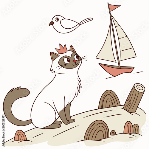 Cute Dreamy Birman, accessorized with with a tiny crown, in a Beach day world – Ocean Breeze palette vector