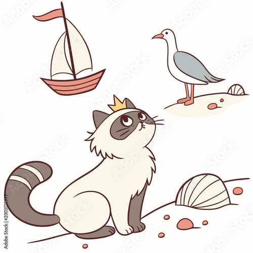 Mischievous expression on a Birman in a Beach day theme, with with a tiny crown – Ocean Breeze vector art