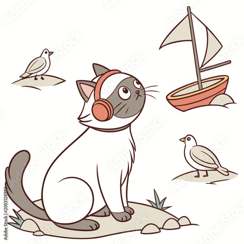 Cute SVG of a Funny Birman in Ocean Breeze colors, featuring wearing headphones in a Beach day setting