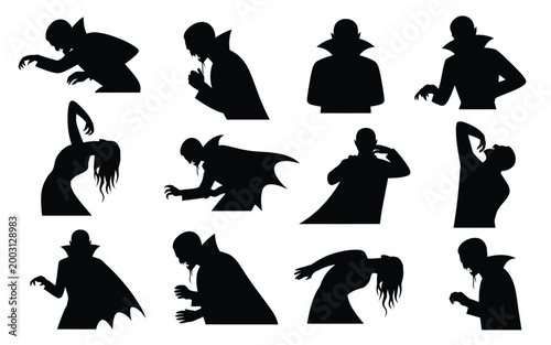 Dramatic collection of twelve stylized black silhouette figures in dynamic poses evoking mystery and intrigue for graphic design book covers or fantasy themed projects