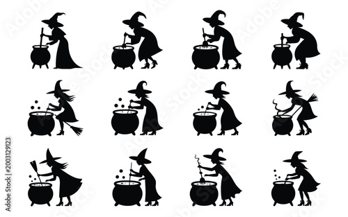 Twelve enchanting witch silhouette illustrations stirring cauldrons with mystical bubbles and swirling smoke for fantasy posters halloween decorations or magical branding designs