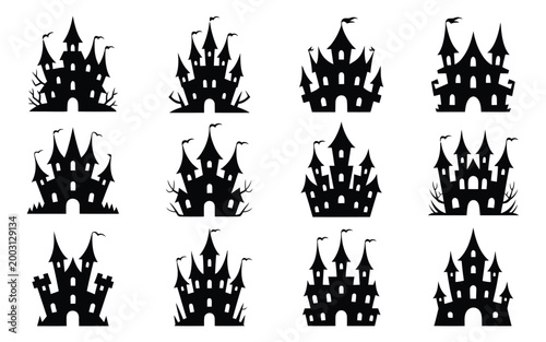 Twelve eerie gothic castle silhouettes with intricate spires and dark textures evoke haunted atmosphere for halloween decorations horror media or fantasy themed projects