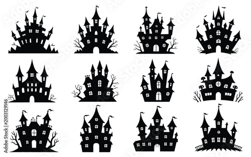 Twelve dark silhouette castles with gothic spires and intricate architectural details evoke eerie haunted mansion vibes for halloween decorations horror themed projects or spooky