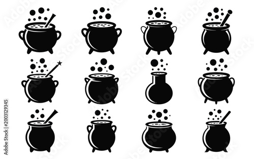 A mystical collection of twelve black silhouette cauldrons bubbling with magical potion effects for fantasy illustrations and occult themed designs