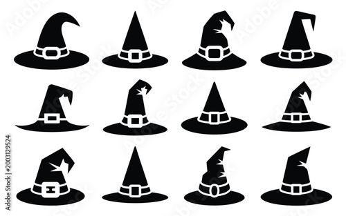 Foto A diverse collection of twelve unique witch hat silhouettes showcasing varied br