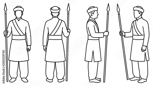 Ancient warrior guard character with spear in traditional outfit front back side profile.