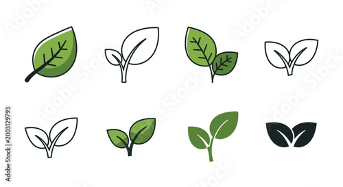 Modern Eco Leaf Vector Icon Set Collection Featuring Eight Unique Outline and Solid Botanical Icons in Minimal Flat Design, Nature Sustainability Organic Green Concept Symbols Pack for UI UX Logo