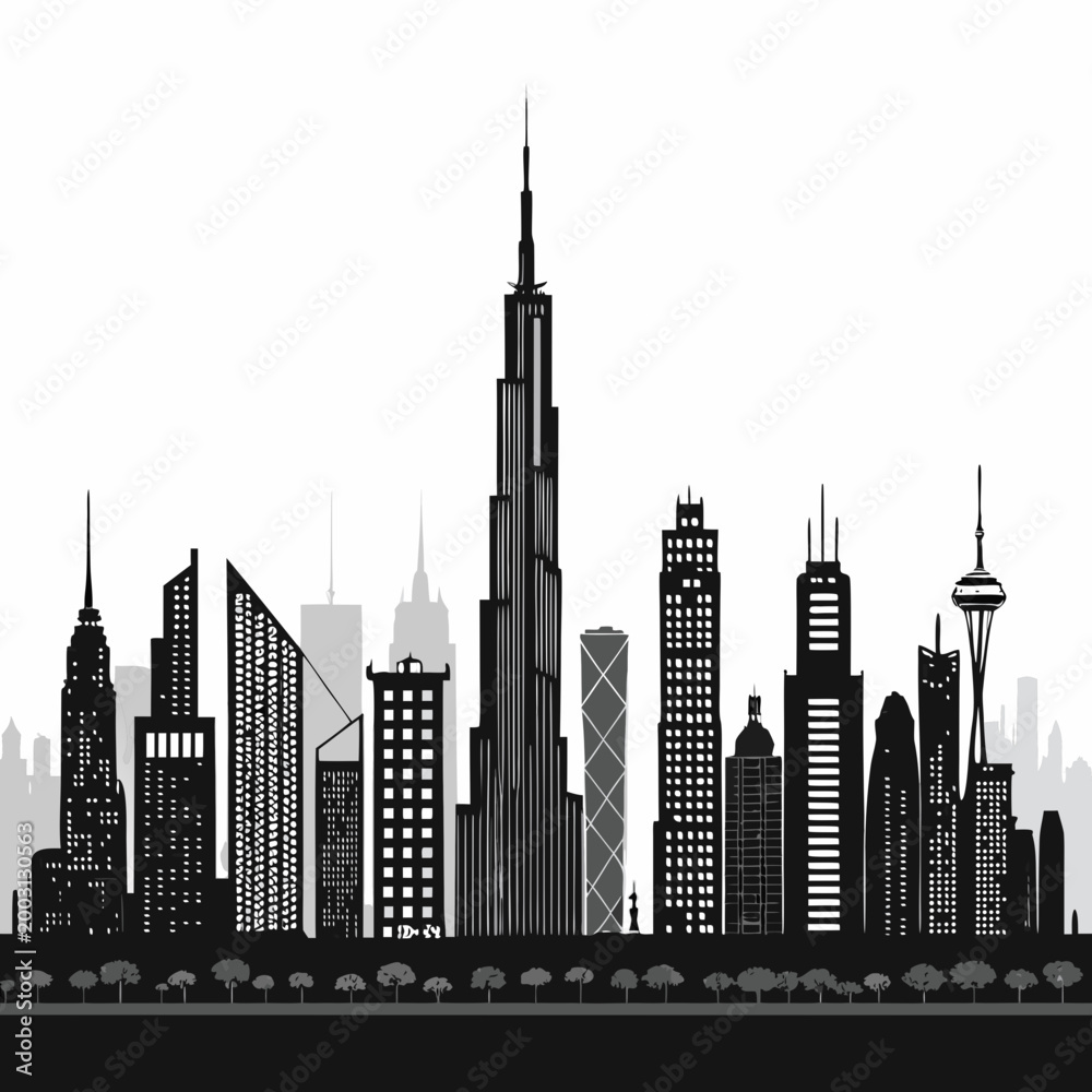 Obraz premium wide panoramic mega city skyline silhouette with expansive dense skyscrapers and modern urban architecture