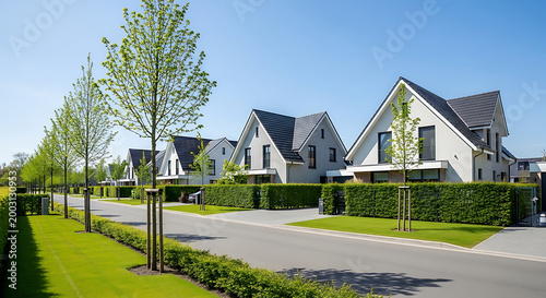 New development of modern detached family houses in a clean suburban neighborhood featuring landscaped gardens green hedges and young trees on a bright sunny day