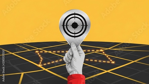 Hand holding a location pin with a target icon, representing focused goals, strategic planning, and precise execution in business and life