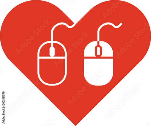 Concept of online dating and virtual romance: two computer mice inside a red heart flat illustration