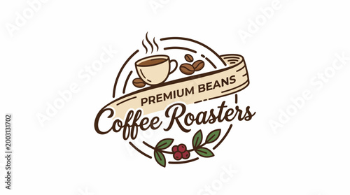 This logo beautifully presents a coffee roaster's brand with an elegant cup and coffee beans arranged artfully, embodying a sense of warmth, quality, and taste for coffee lovers.