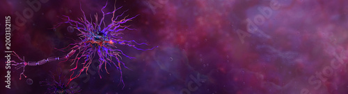 Neuron cell with branching dendrites, synaptic connections and axon structure in neural environment. Brain activity, synaptic connectivity, nervous system, signal transmission within nervous tissue