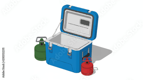 Blue portable cooler box with open lid and gas cylinders on the side outdoor equipment