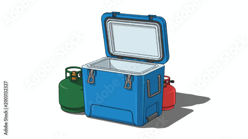 blue portable cooler box with green and red gas cylinders outside