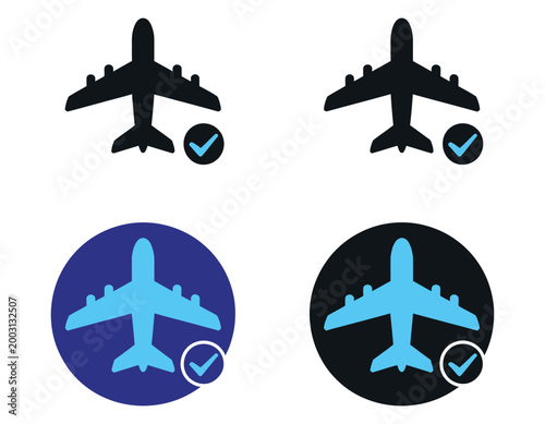 Flight confirmation and approval icon set, modern vector illustration with airplane, checkmark buttons, verified badges, and booking approval symbols for travel apps, websites, and transportation.