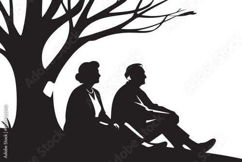 Silhouette of elderly couple sitting under a tree representing retirement, companionship, and aging together in nature