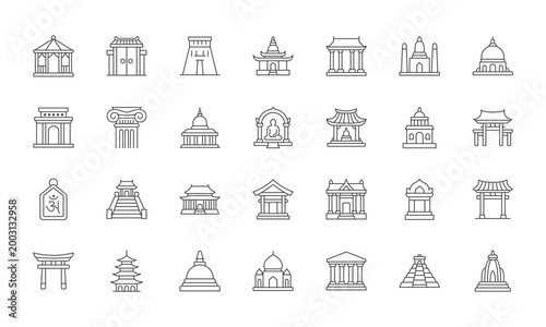 World Temples and Sacred Places Line Icon Set