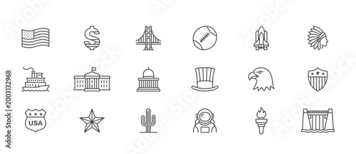 18 USA Heritage and American Culture Line Icon Set