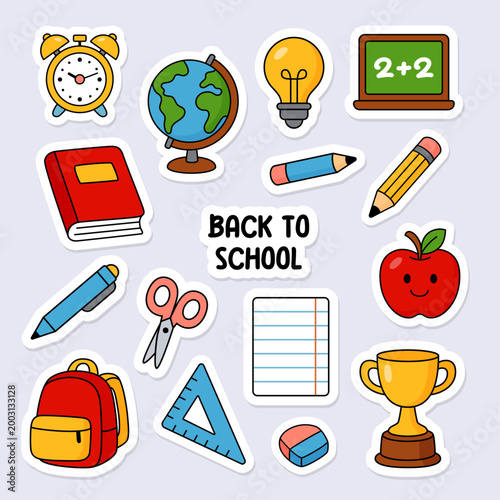 Set of school supplies and education cartoon stickers. Elements for stickers, cards, prints, social media, stationery, etc.