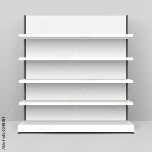 White empty store shelf rack mockup front. Front view Product shelves counter design