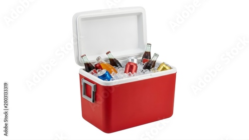 A red cooler box filled with ice and various cold drinks on transparent background