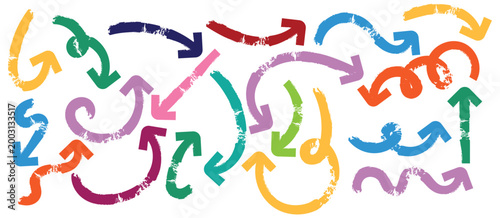Various bold brush drawn curved arrows. Hand drawn vector thick marker arrows. Angled bold brush strokes with scratches. Hand drawn vector grunge direction pointers.