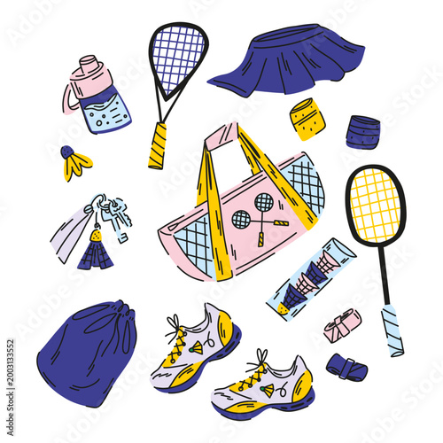 Badminton sports set, sneakers, bag, rackets, water bottle, training items, sports and leisure items