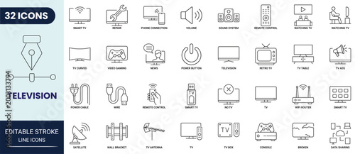Television icon set in outline style. Collection of tv, television, smart tv, tv antenna, satellite dish, remote control, channel, and media. Editable stroke. Vector icon collection.