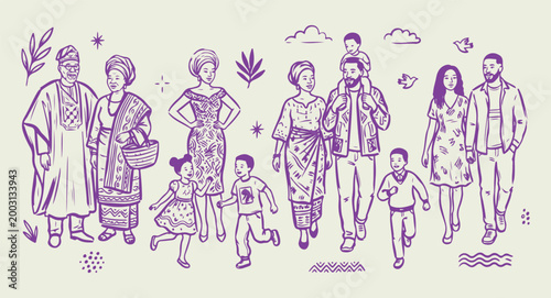 Family playing together outdoors, active lifestyle doodle art, parents and kids leisure, hand drawn line art family, minimalist recreational sketch vector, creative bonding activity illustration, dive