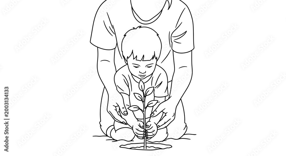 Fototapeta premium A mother and child planting a small seedling together in the soil.
