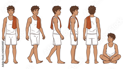 Athletic man in white tank top and shorts character poses including walking and sitting art.