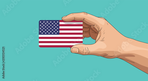 Human hand holding a small card with the United States flag printed on it against a solid turquoise blue background.