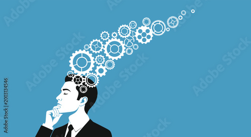 Profile of a thinking businessman with white gears and cogs floating above his head against a solid blue background.