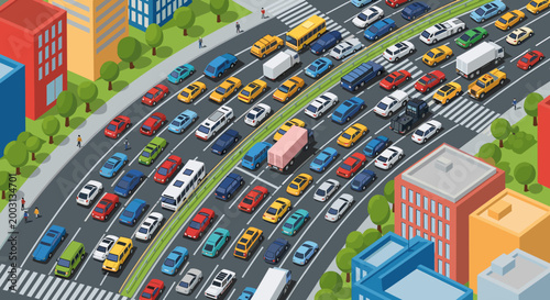 Schilderij op canvas An isometric view of a bustling city highway with multiple lanes of cars, trucks, and buses stuck in heavy traffic between urban buildings