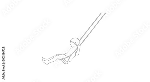 Minimalist continuous line drawing of a child swinging on a swing.