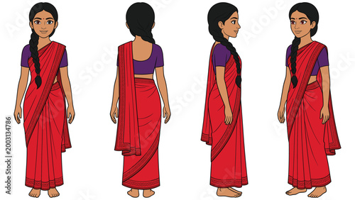 Photography Woman in a traditional red saree with braided hair shown in a character turnaround sheet