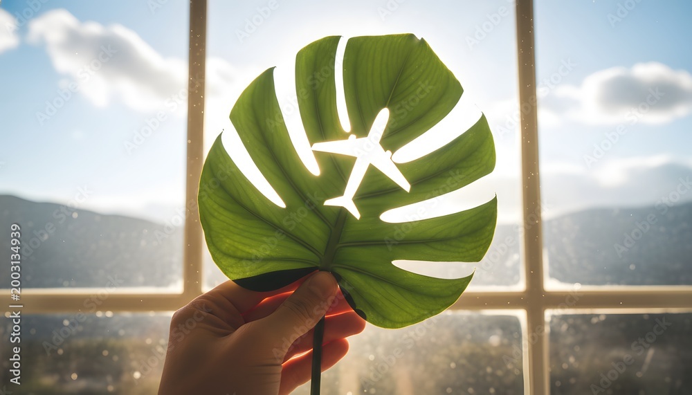 Fototapeta premium Hand holding a green leaf with an airplane cut out backlit by the sun through a window with a mountain view