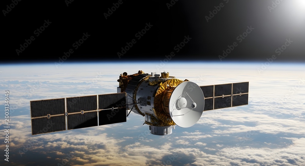 Fototapeta premium Communication satellite orbiting above earth in space