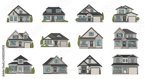 Comprehensive collection of twelve different suburban house designs including two story and single family homes.