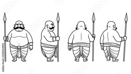 Large, muscular Indian warrior with a spear, in various poses, black and white.