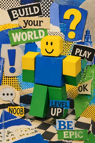 Colorful Block Game Character Standing in Playful Collage Scene