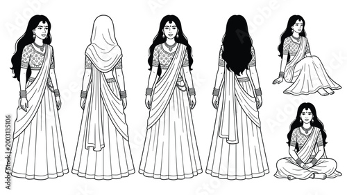 Indian woman in traditional dress, front and back view, sitting and standing poses.