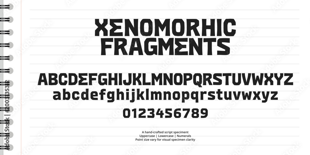 Obraz premium Bold geometric block font alphabet with numbers on lined spiral notebook paper background