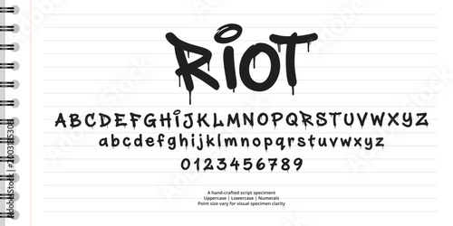 Graffiti style font set with dripping paint letters numbers on lined notebook paper background